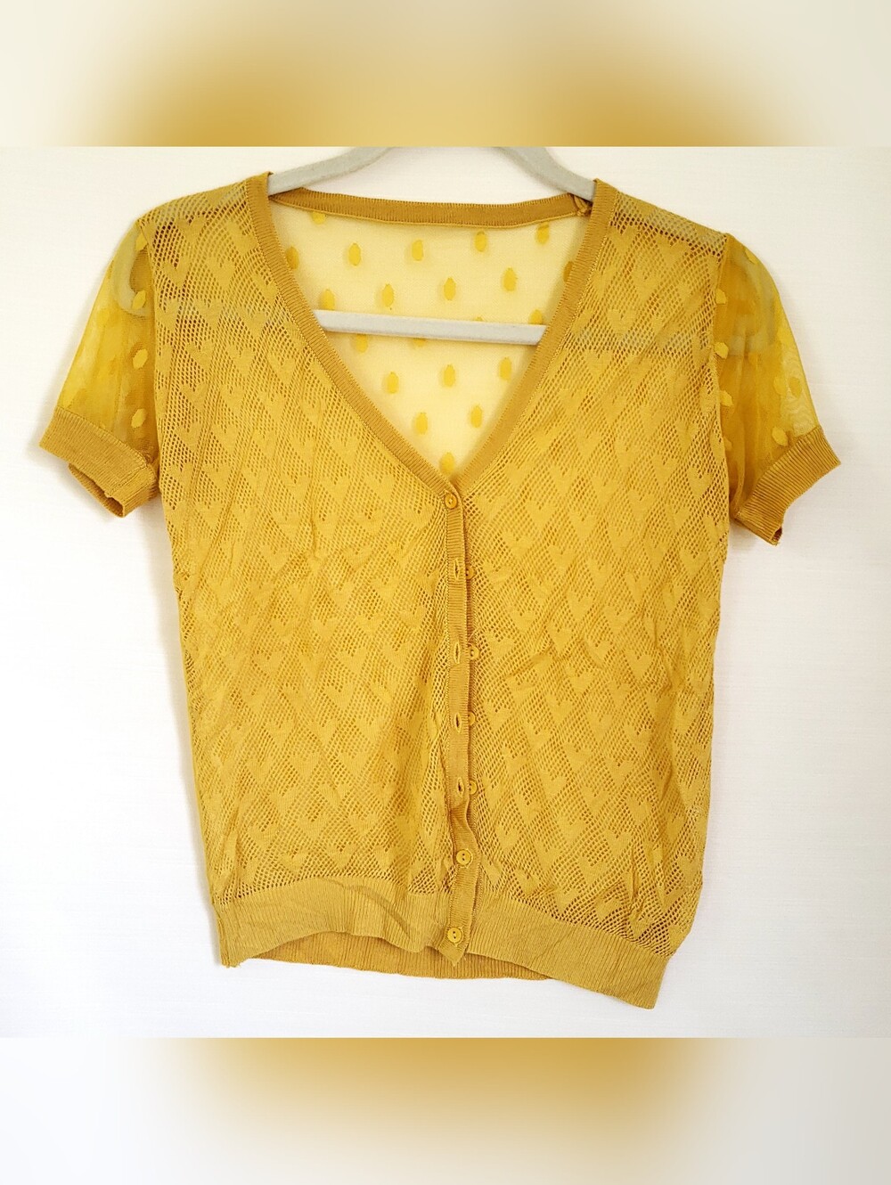 Y2K Dainty Vintage cropped sheer lace mesh cardigan with polka dot heart pattern